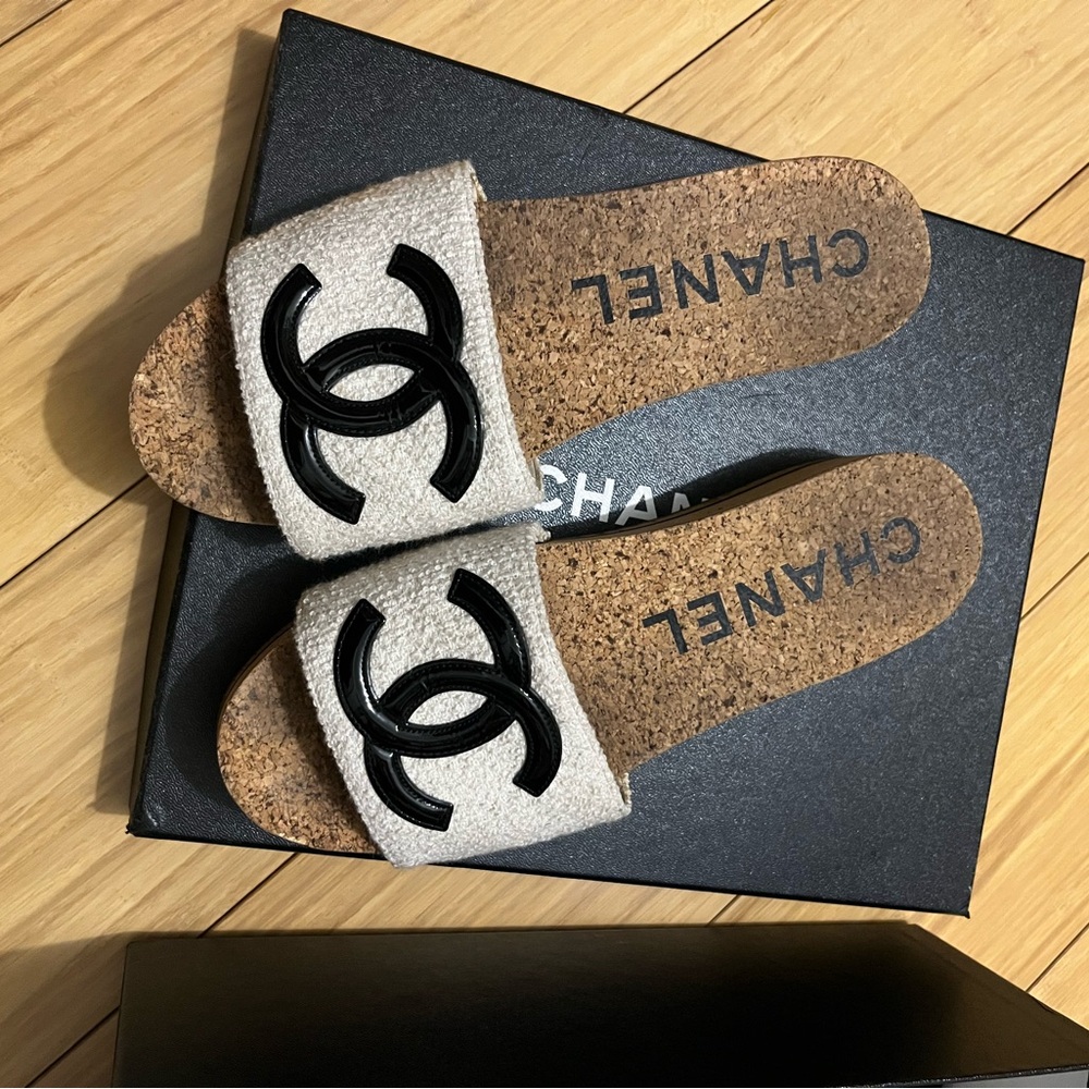 CHANEL Cork Slides with Black Logo
